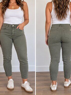 NWT White House Black Market Skinny Cropped Ruched Jeans Olive